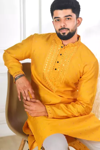 Yellow color jacquard silk fabric embroidered kurta payjama for men's