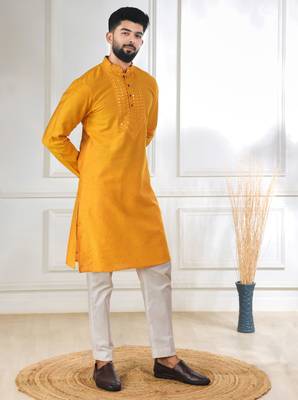 Yellow color jacquard silk fabric embroidered kurta payjama for men's 4