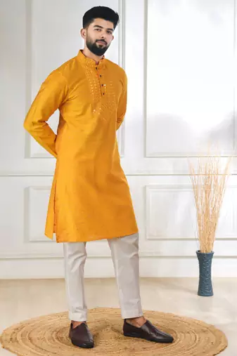 Yellow color jacquard silk fabric embroidered kurta payjama for men's