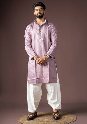 Lavendar color beautiful printed silk fabric ceremonial men's kurta payjama 1