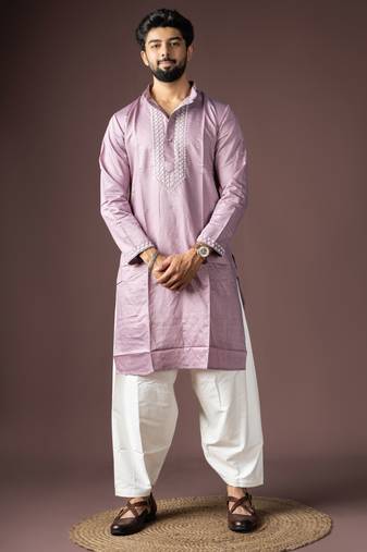 Lavendar color beautiful printed silk fabric ceremonial men's kurta payjama