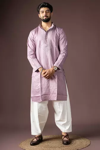 Lavendar color beautiful printed silk fabric ceremonial men's kurta payjama