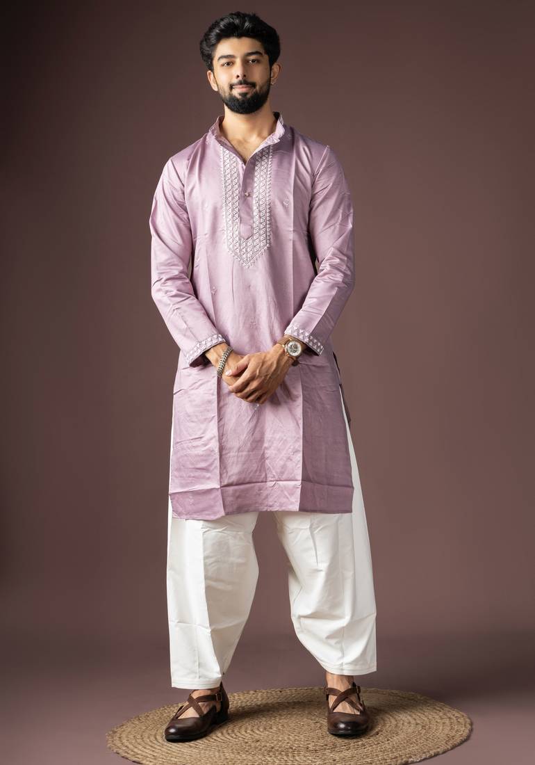 Lavendar color beautiful printed silk fabric ceremonial men's kurta payjama