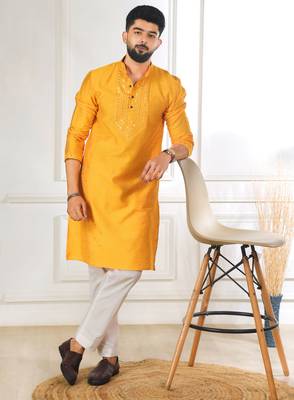 Yellow color jacquard silk fabric embroidered kurta payjama for men's 5