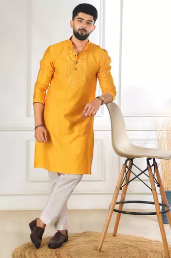 Yellow color jacquard silk fabric embroidered kurta payjama for men's