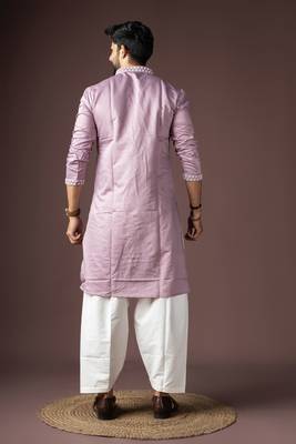 Lavendar color beautiful printed silk fabric ceremonial men's kurta payjama 2