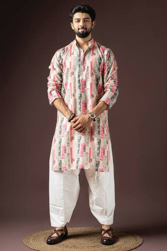 Multi color beautiful printed blended cotton fabric ceremonial men's kurta payjama