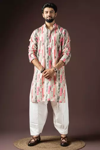 Multi color beautiful printed blended cotton fabric ceremonial men's kurta payjama