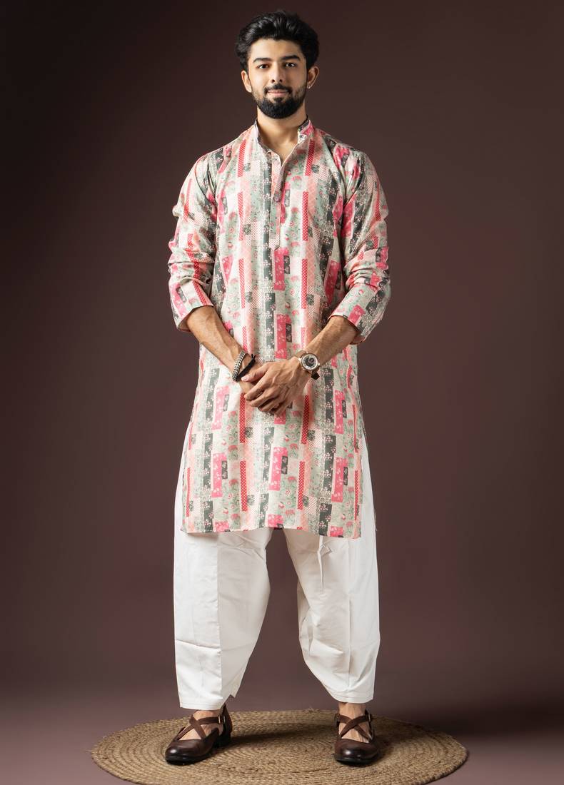 Multi color beautiful printed blended cotton fabric ceremonial men's kurta payjama
