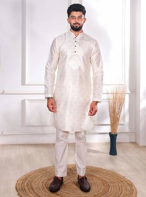 White color jacquard silk fabric embroidered kurta payjama for men's 1