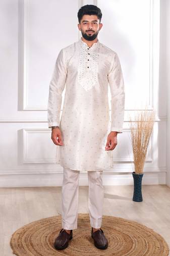 White color jacquard silk fabric designer embroidered kurta payjama for men's
