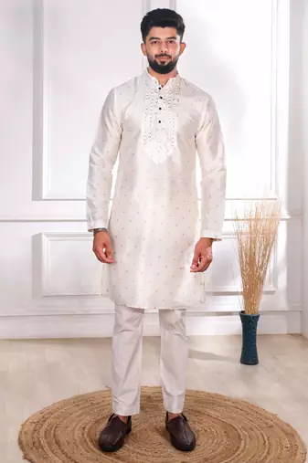 White color jacquard silk fabric designer embroidered kurta payjama for men's
