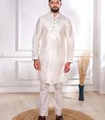 White color jacquard silk fabric designer embroidered kurta payjama for men's