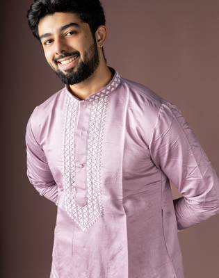 Lavendar color beautiful printed silk fabric ceremonial men's kurta payjama 3