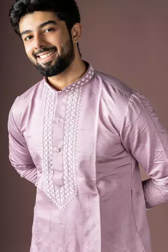 Lavendar color beautiful printed silk fabric ceremonial men's kurta payjama