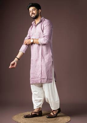 Lavendar color beautiful printed silk fabric ceremonial men's kurta payjama 4