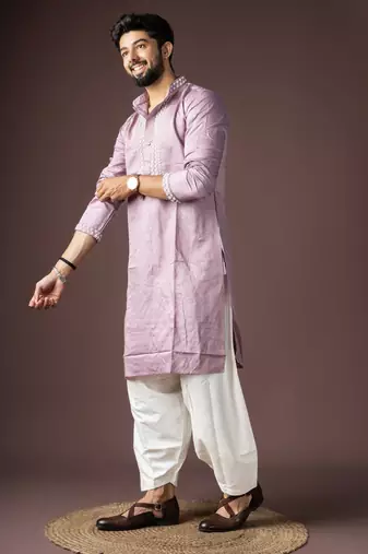 Lavendar color beautiful printed silk fabric ceremonial men's kurta payjama