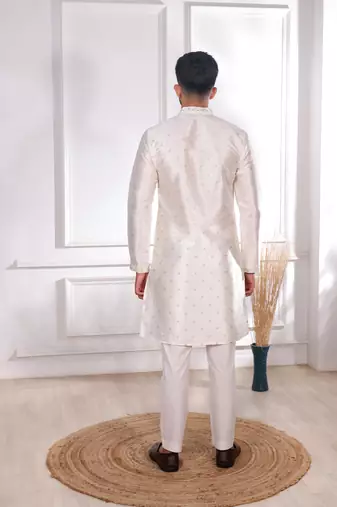 White color jacquard silk fabric embroidered kurta payjama for men's