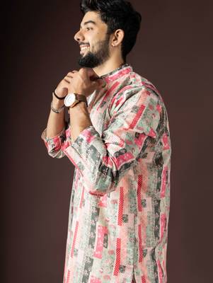 Multi color beautiful printed blended cotton fabric ceremonial men's kurta payjama 3