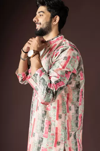 Multi color beautiful printed blended cotton fabric ceremonial men's kurta payjama