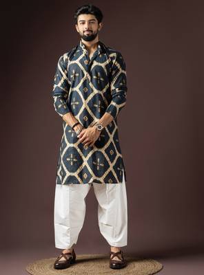 Navy blue color beautiful printed rayon fabric ceremonial men's kurta payjama 1