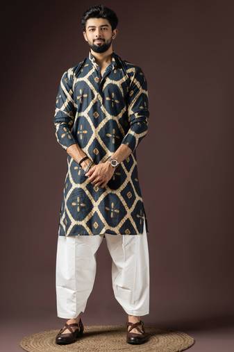 Navy blue color beautiful printed rayon fabric ceremonial men's kurta payjama