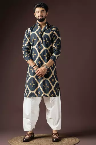 Navy blue color beautiful printed rayon fabric ceremonial men's kurta payjama