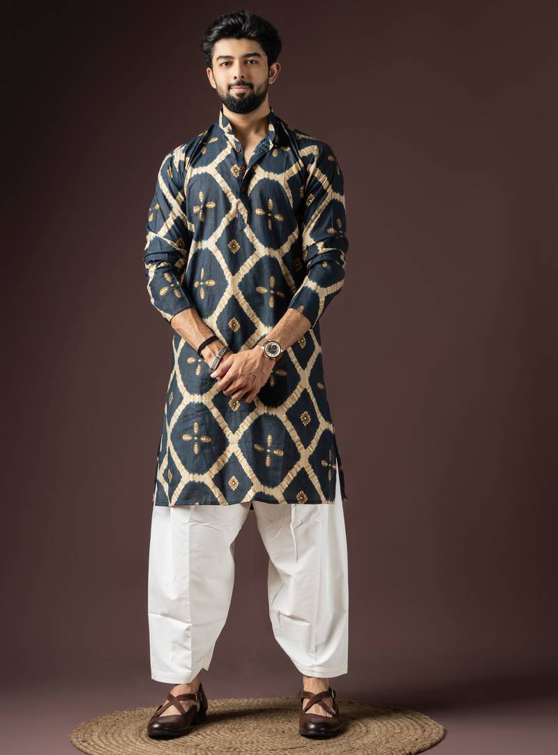 Navy blue color beautiful printed rayon fabric ceremonial men's kurta payjama