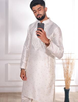 White color jacquard silk fabric embroidered kurta payjama for men's 3