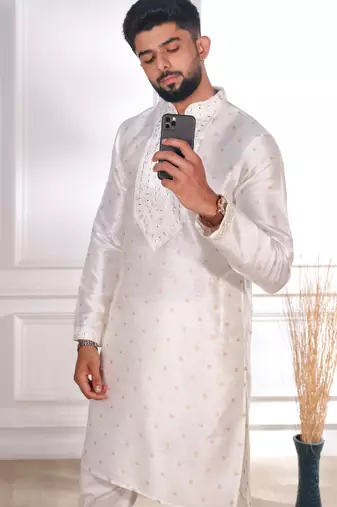 White color jacquard silk fabric embroidered kurta payjama for men's