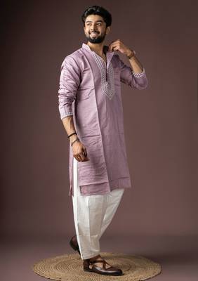 Lavendar color beautiful printed silk fabric ceremonial men's kurta payjama 5