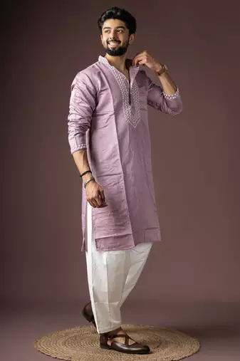 Lavendar color beautiful printed silk fabric ceremonial men's kurta payjama