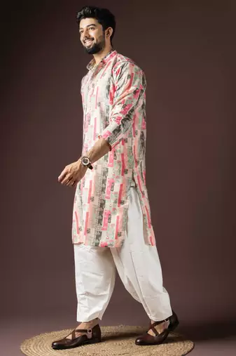 Multi color beautiful printed blended cotton fabric ceremonial men's kurta payjama