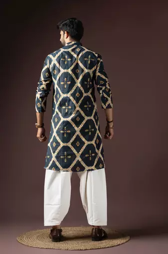Navy blue color beautiful printed rayon fabric ceremonial men's kurta payjama