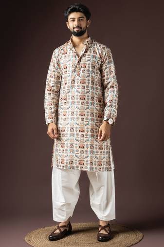 Cream color beautiful printed blended cotton fabric ceremonial men's kurta payjama