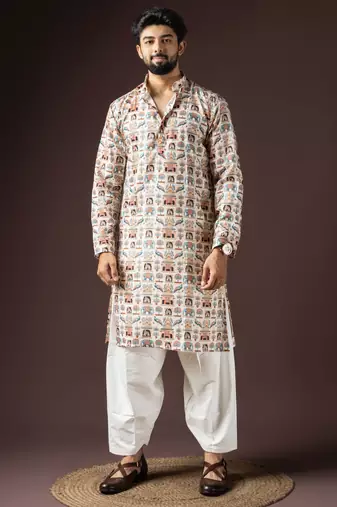 Cream color beautiful printed blended cotton fabric ceremonial men's kurta payjama