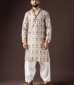 Cream color beautiful printed blended cotton fabric ceremonial men's kurta payjama