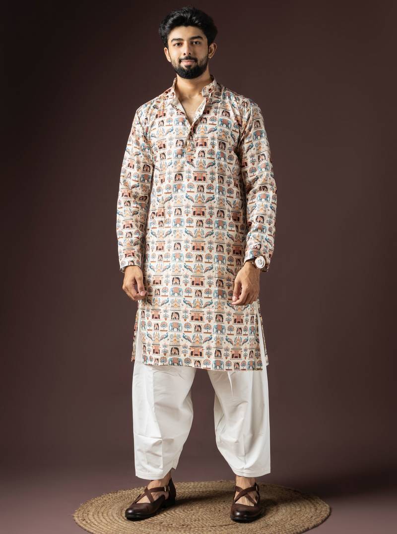 Cream color beautiful printed blended cotton fabric ceremonial men's kurta payjama