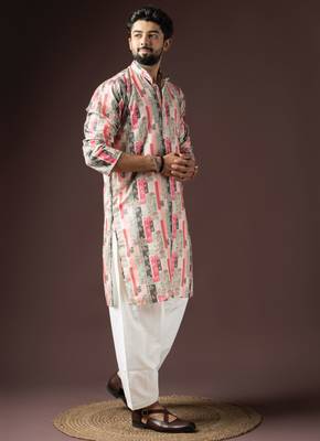 Multi color beautiful printed blended cotton fabric ceremonial men's kurta payjama 5