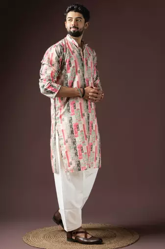 Multi color beautiful printed blended cotton fabric ceremonial men's kurta payjama
