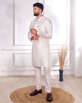 White color jacquard silk fabric embroidered kurta payjama for men's 4