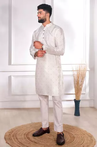 White color jacquard silk fabric embroidered kurta payjama for men's