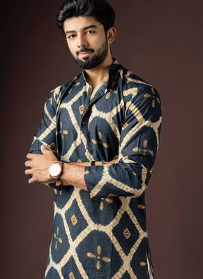 Navy blue color beautiful printed rayon fabric ceremonial men's kurta payjama 3