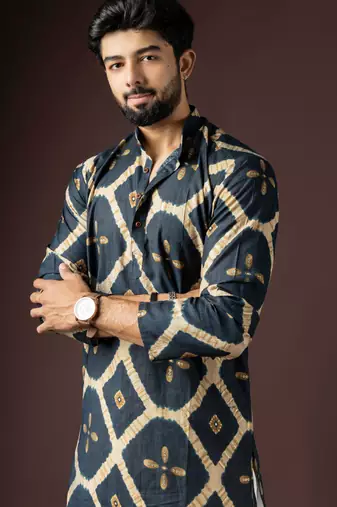 Navy blue color beautiful printed rayon fabric ceremonial men's kurta payjama