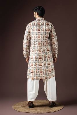Cream color beautiful printed blended cotton fabric ceremonial men's kurta payjama 2