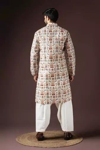 Cream color beautiful printed blended cotton fabric ceremonial men's kurta payjama
