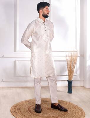 White color jacquard silk fabric embroidered kurta payjama for men's 5