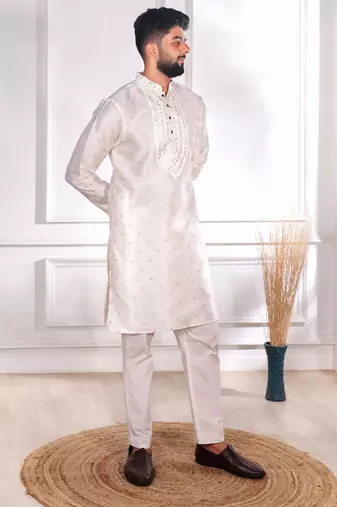 White color jacquard silk fabric embroidered kurta payjama for men's