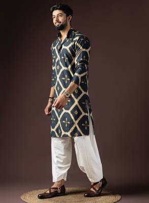Navy blue color beautiful printed rayon fabric ceremonial men's kurta payjama 4