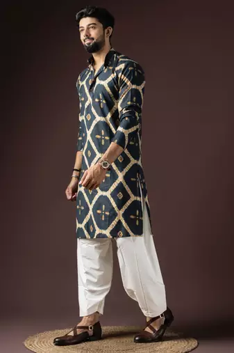 Navy blue color beautiful printed rayon fabric ceremonial men's kurta payjama